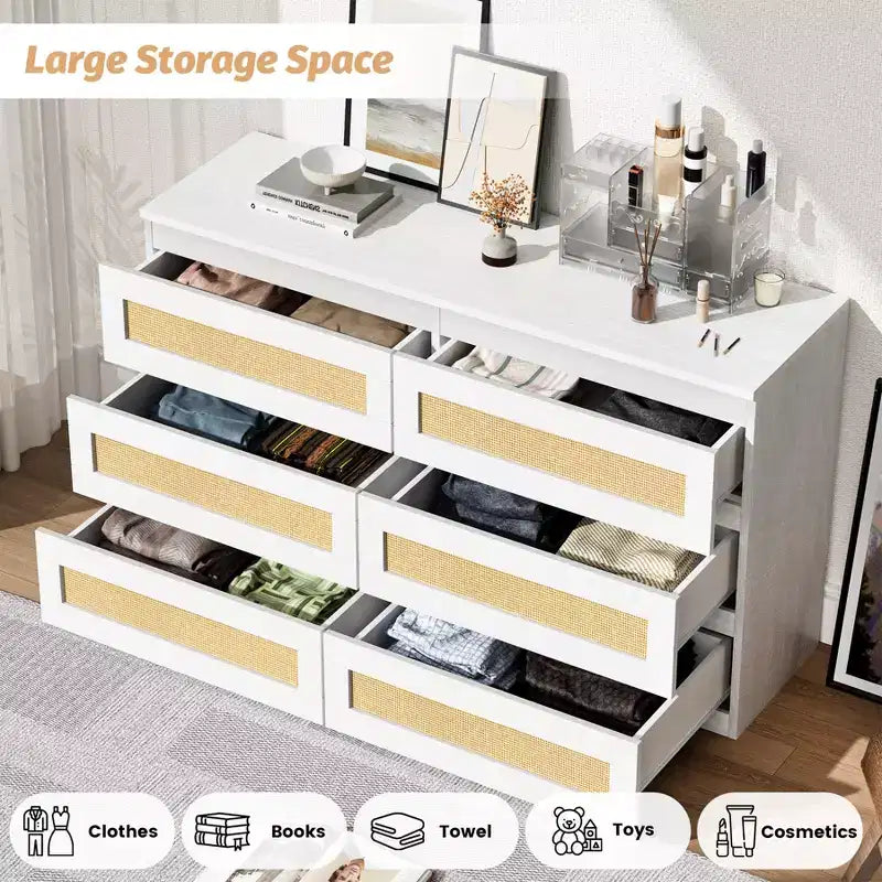 Commode 6 tiroirs en bois et rotin avec station de charge et base solide, organisateur de rangement pour salon, couloir