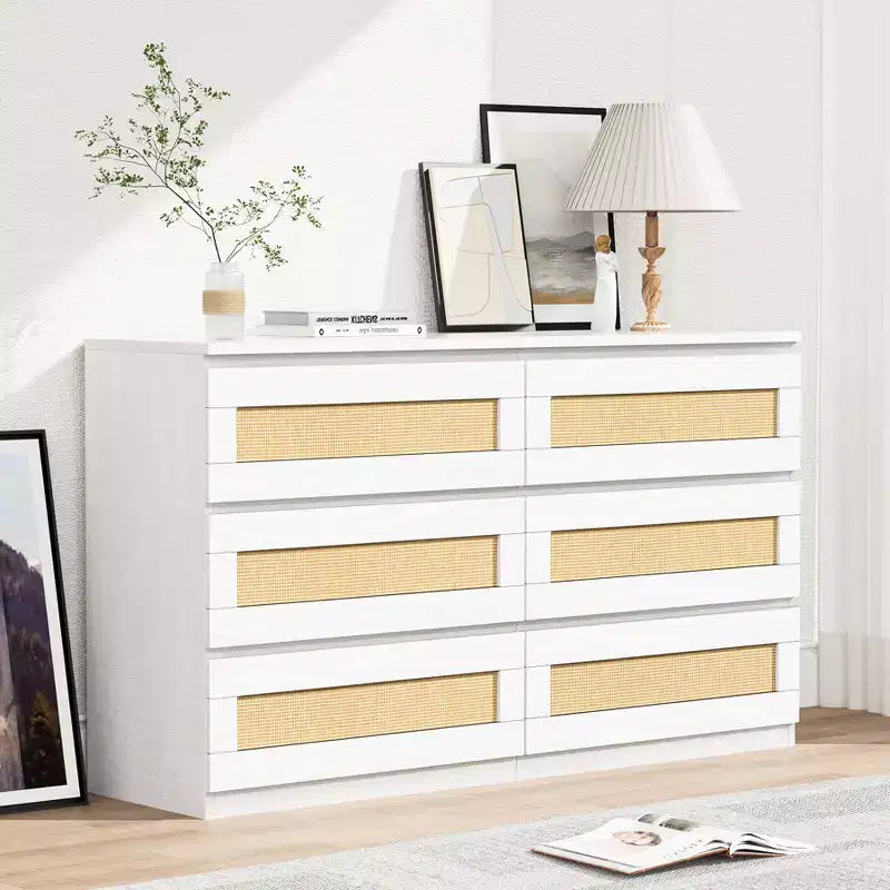 Commode 6 tiroirs en bois et rotin avec station de charge et base solide, organisateur de rangement pour salon, couloir