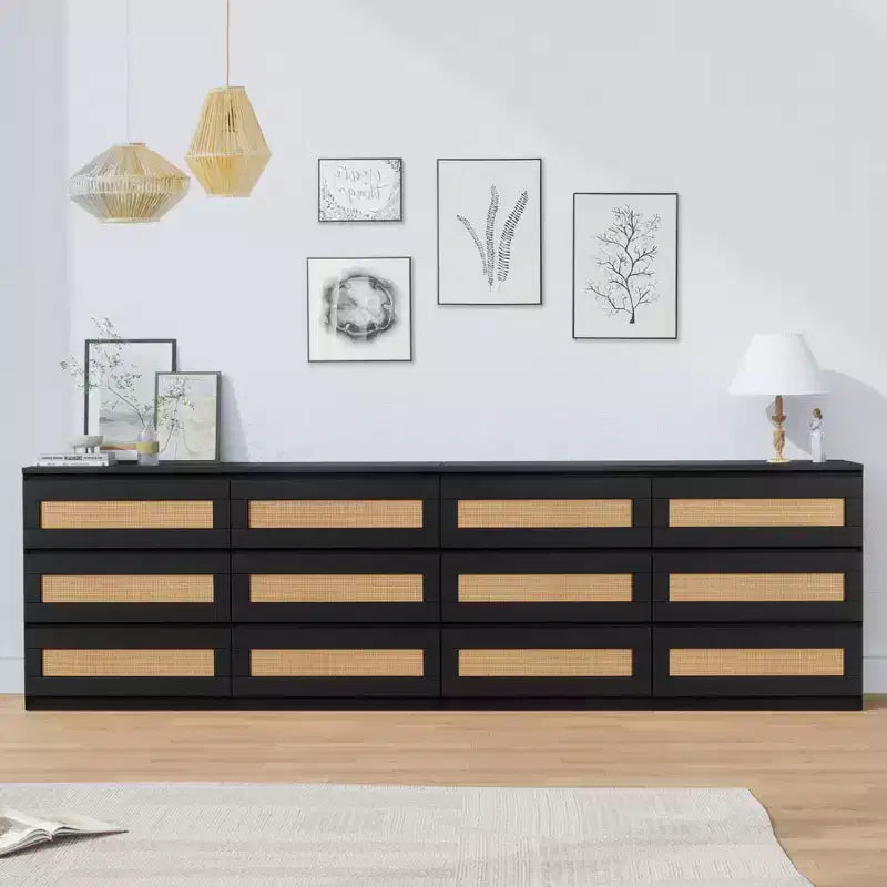 Commode 6 tiroirs en bois et rotin avec station de charge et base solide, organisateur de rangement pour salon, couloir