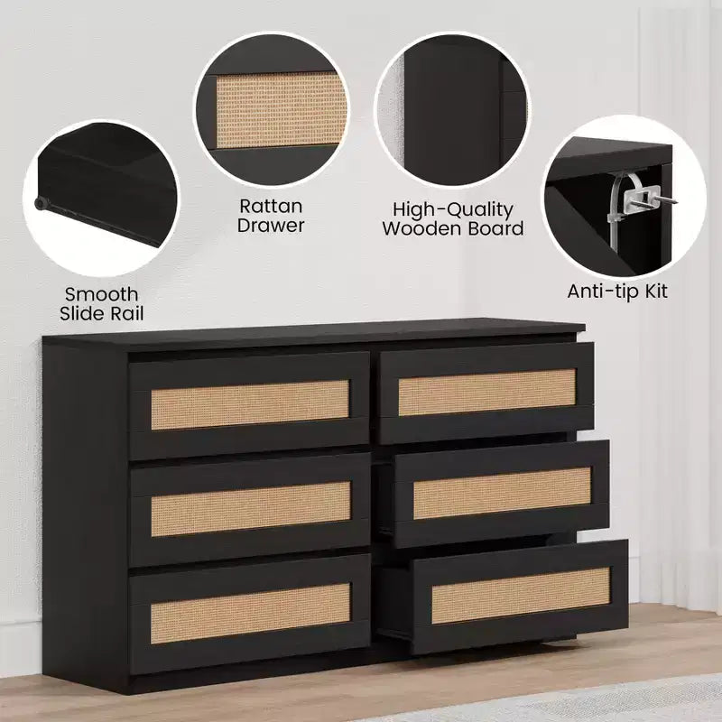 Commode 6 tiroirs en bois et rotin avec station de charge et base solide, organisateur de rangement pour salon, couloir