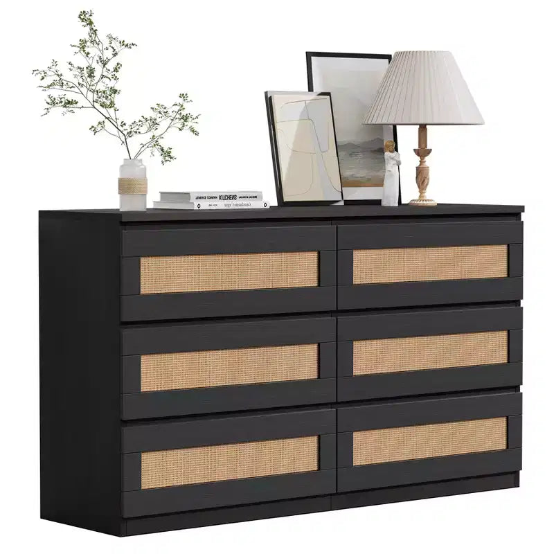 Commode 6 tiroirs en bois et rotin avec station de charge et base solide, organisateur de rangement pour salon, couloir