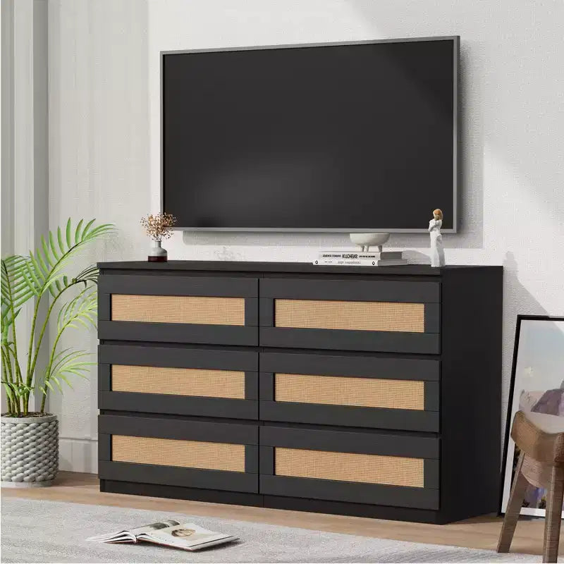 Commode 6 tiroirs en bois et rotin avec station de charge et base solide, organisateur de rangement pour salon, couloir