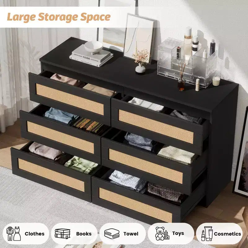 Commode 6 tiroirs en bois et rotin avec station de charge et base solide, organisateur de rangement pour salon, couloir