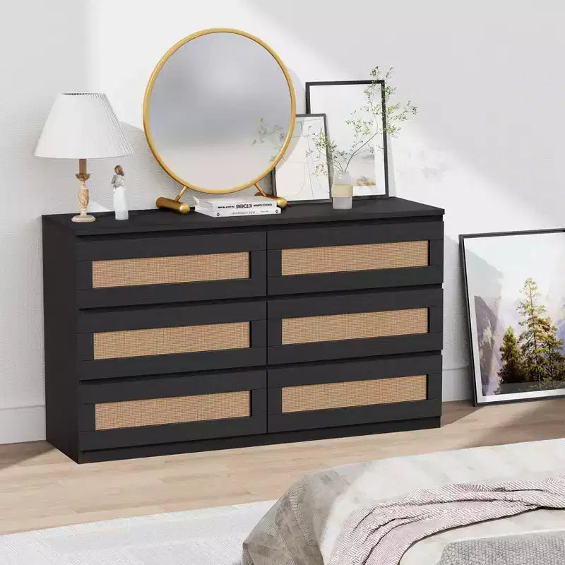 Commode 6 tiroirs en bois et rotin avec station de charge et base solide, organisateur de rangement pour salon, couloir