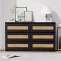 Wood Rattan 6 Drawer Dresser with Charging Station and Strong Base, Storage Organizer for Living Room, Hallway