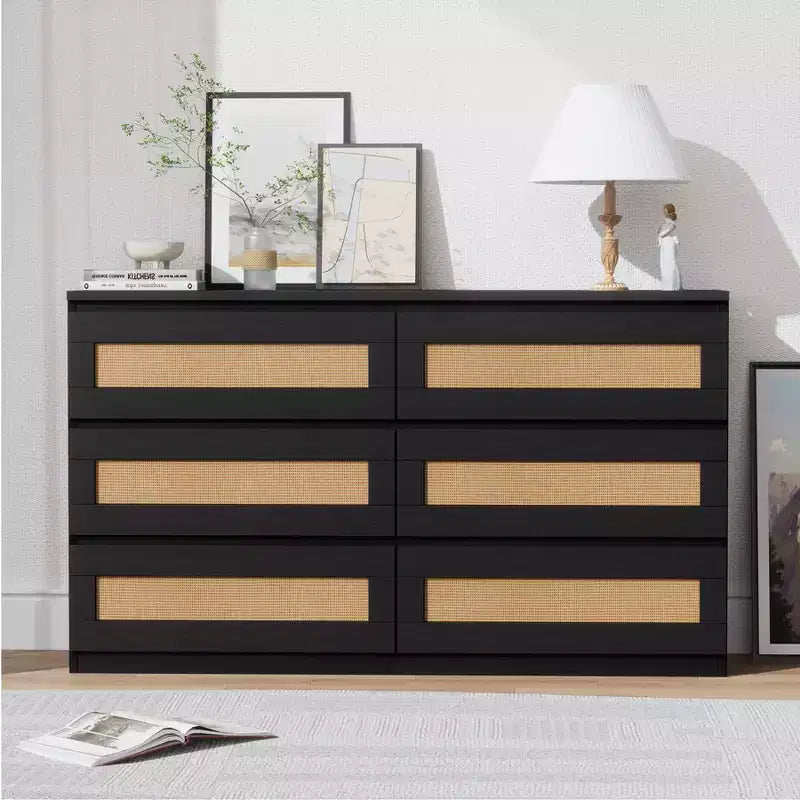 Wood Rattan 6 Drawer Dresser with Charging Station and Strong Base, Storage Organizer for Living Room, Hallway