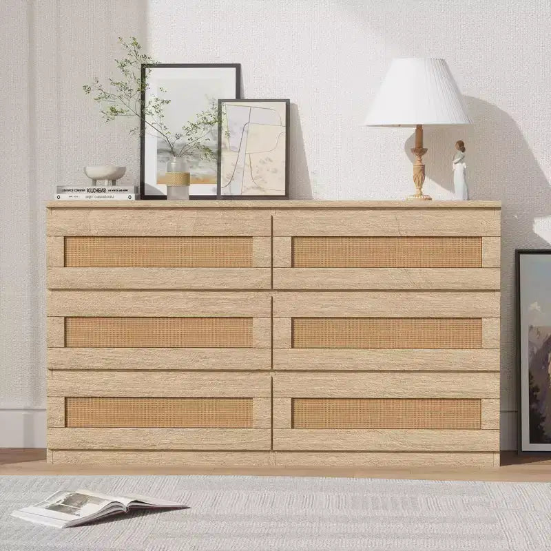 Commode 6 tiroirs en bois et rotin avec station de charge et base solide, organisateur de rangement pour salon, couloir