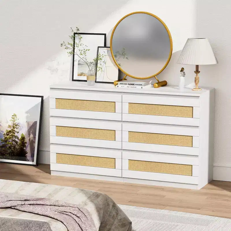 Commode 6 tiroirs en bois et rotin avec station de charge et base solide, organisateur de rangement pour salon, couloir