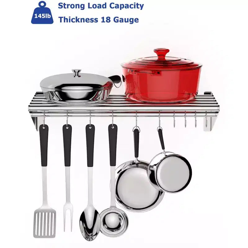 Étagère murale en acier inoxydable pour casseroles, support mural avec crochets, étagère murale, support suspendu pour casseroles et poêles, pour restaurant, cuisine