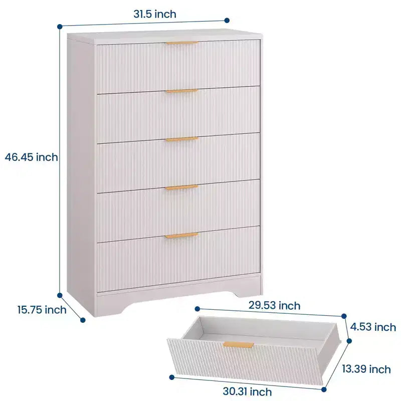 Commode à 5 tiroirs GustoWave avec façades cannelées et poignées dorées, meuble de rangement haut pour chambre à coucher