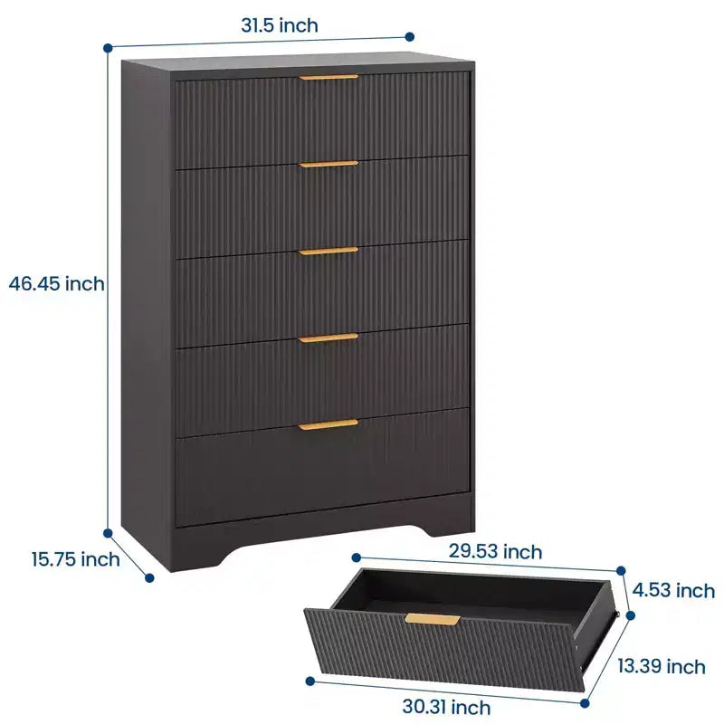 Commode à 5 tiroirs GustoWave avec façades cannelées et poignées dorées, meuble de rangement haut pour chambre à coucher