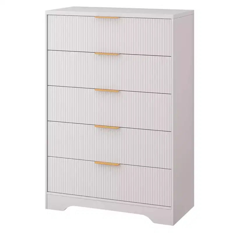 Commode à 5 tiroirs GustoWave avec façades cannelées et poignées dorées, meuble de rangement haut pour chambre à coucher