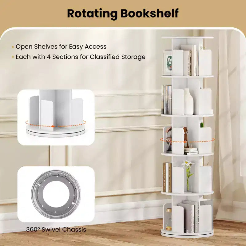 Costway 1/2 PCS Étagère à Livres Rotative à 5 Niveaux Présentoir à 360° avec Séparateurs et Cloisons Anti-chute Naturel/Blanc
