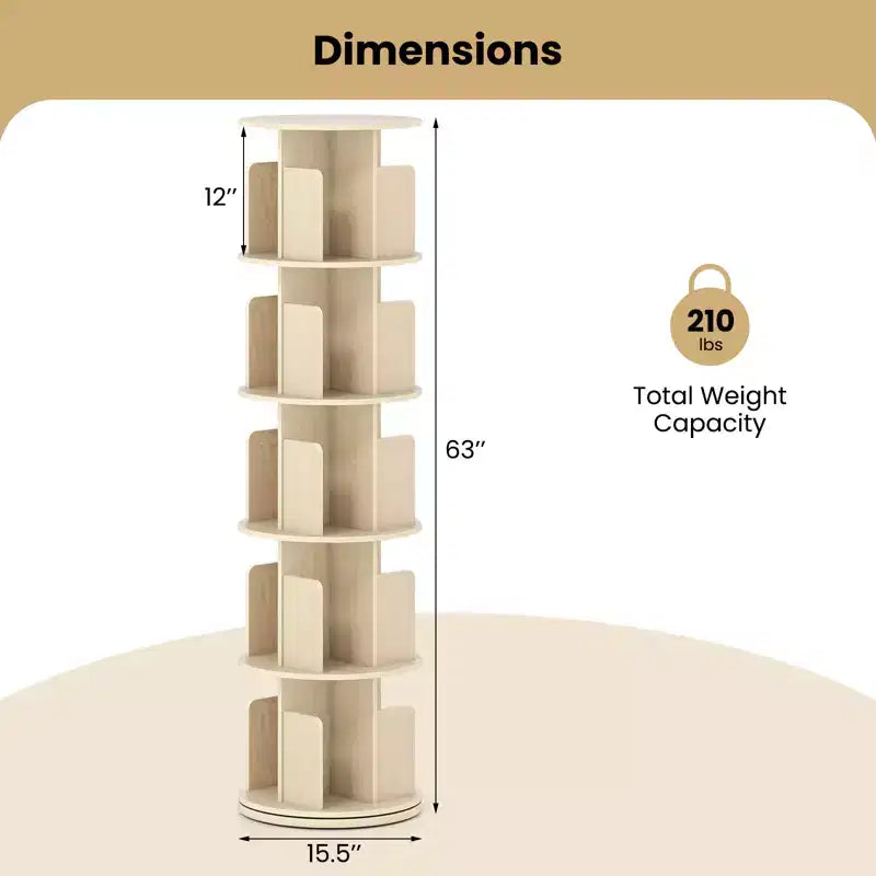 Costway 1/2 PCS Étagère à Livres Rotative à 5 Niveaux Présentoir à 360° avec Séparateurs et Cloisons Anti-chute Naturel/Blanc