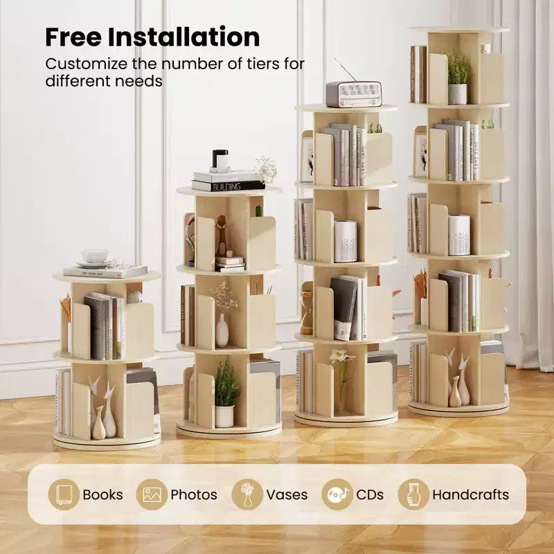 Costway 1/2 PCS Étagère à Livres Rotative à 5 Niveaux Présentoir à 360° avec Séparateurs et Cloisons Anti-chute Naturel/Blanc