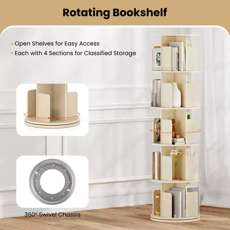 Costway 1/2 PCS Étagère à Livres Rotative à 5 Niveaux Présentoir à 360° avec Séparateurs et Cloisons Anti-chute Naturel/Blanc