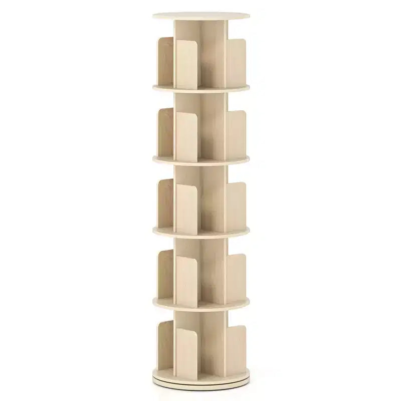 Costway 1/2 PCS 5-Tier Rotating Bookshelf 360 Display Rack with Dividers & Anti-falling Baffles Natural/White