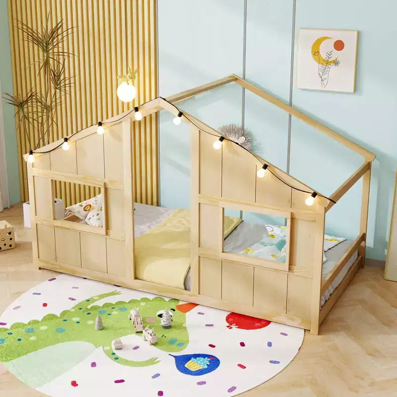 Lit de sol cabane Costway de taille double avec lumières LED Cadre de lit en bois massif sans lattes Gris/Naturel/Blanc