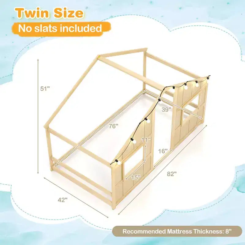 Lit de sol cabane Costway de taille double avec lumières LED Cadre de lit en bois massif sans lattes Gris/Naturel/Blanc