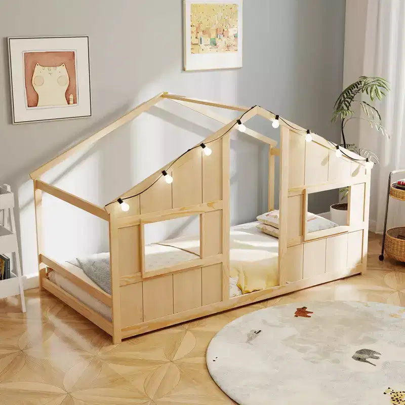 Lit de sol cabane Costway de taille double avec lumières LED Cadre de lit en bois massif sans lattes Gris/Naturel/Blanc