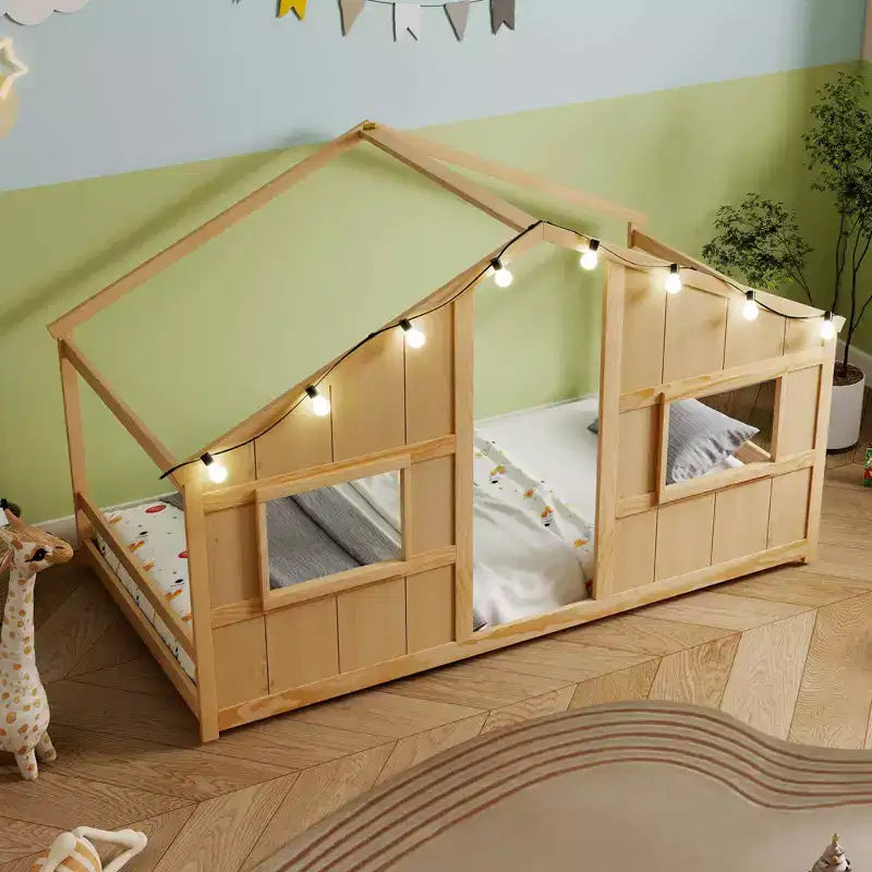 Lit de sol cabane Costway de taille double avec lumières LED Cadre de lit en bois massif sans lattes Gris/Naturel/Blanc