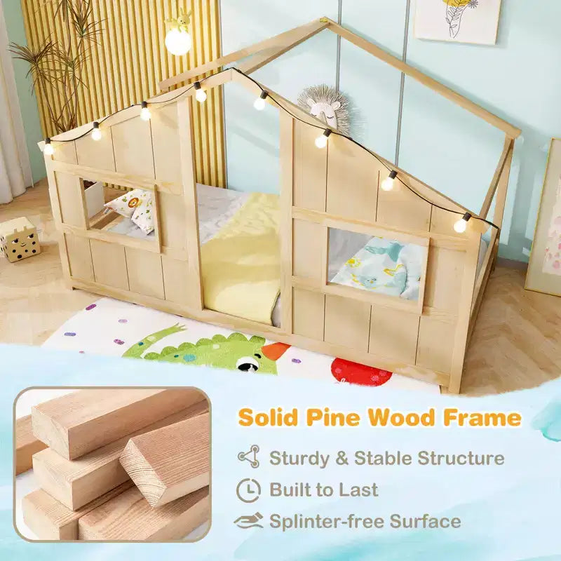 Lit de sol cabane Costway de taille double avec lumières LED Cadre de lit en bois massif sans lattes Gris/Naturel/Blanc