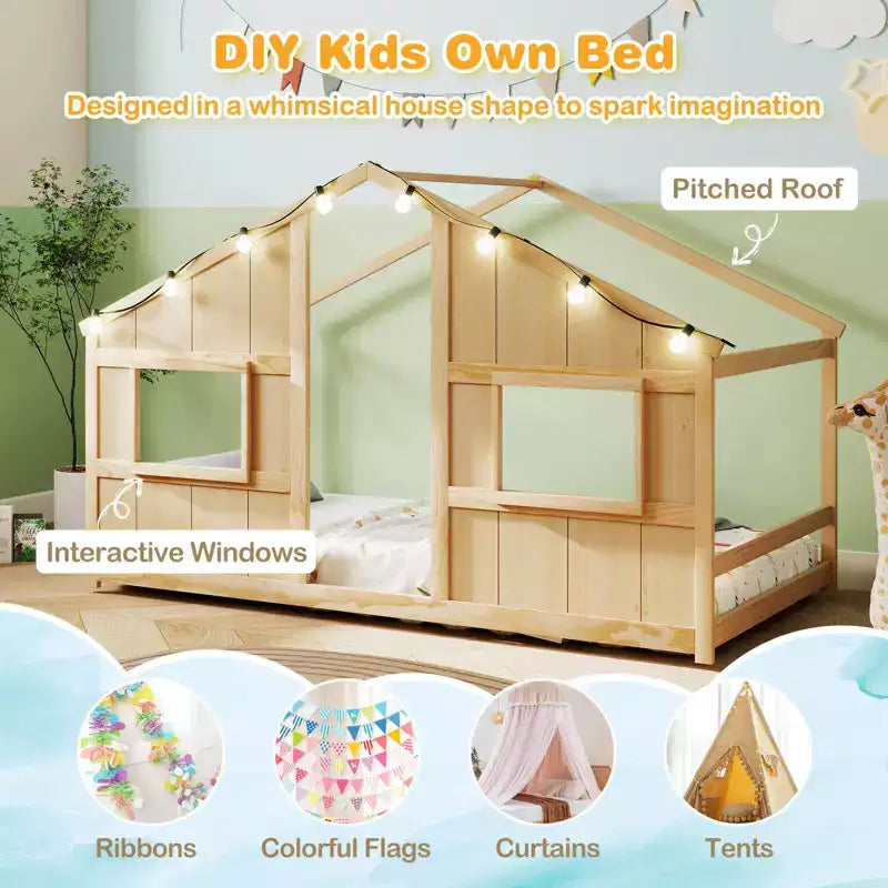 Lit de sol cabane Costway de taille double avec lumières LED Cadre de lit en bois massif sans lattes Gris/Naturel/Blanc