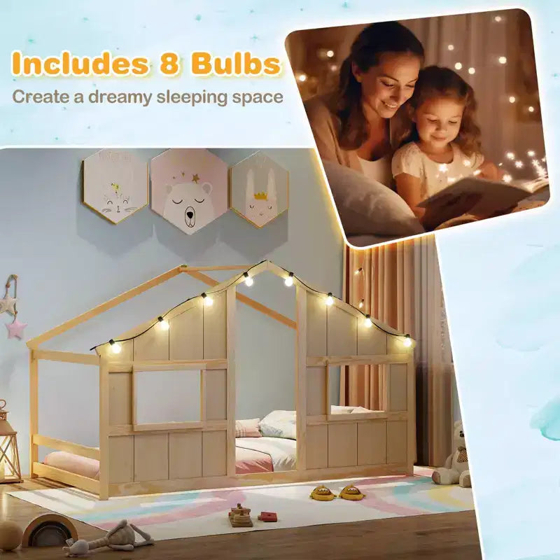 Lit de sol cabane Costway de taille double avec lumières LED Cadre de lit en bois massif sans lattes Gris/Naturel/Blanc