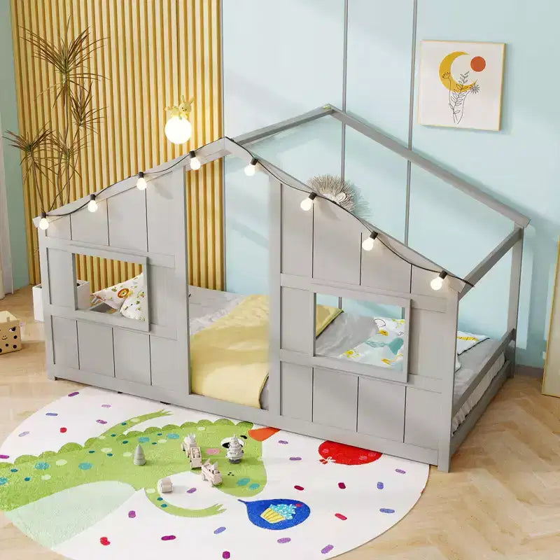 Lit de sol cabane Costway de taille double avec lumières LED Cadre de lit en bois massif sans lattes Gris/Naturel/Blanc