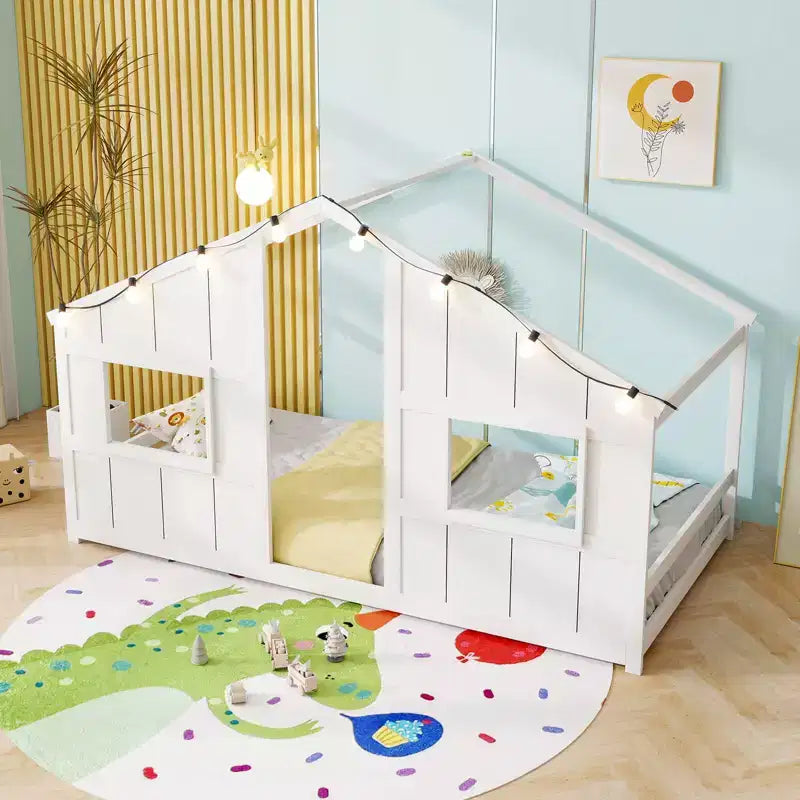 Lit de sol cabane Costway de taille double avec lumières LED Cadre de lit en bois massif sans lattes Gris/Naturel/Blanc