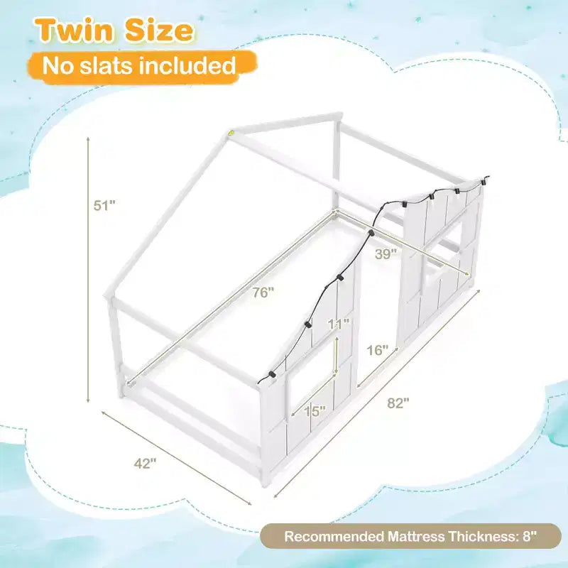 Lit de sol cabane Costway de taille double avec lumières LED Cadre de lit en bois massif sans lattes Gris/Naturel/Blanc