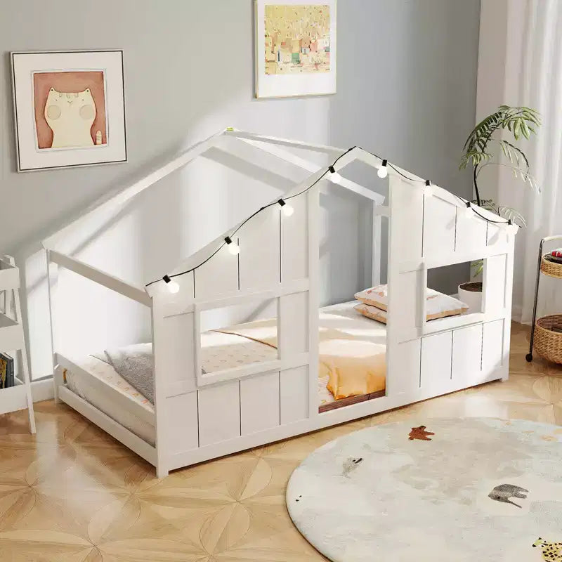 Lit de sol cabane Costway de taille double avec lumières LED Cadre de lit en bois massif sans lattes Gris/Naturel/Blanc