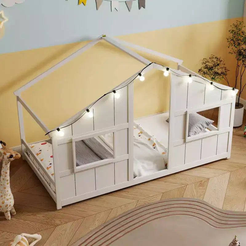 Lit de sol cabane Costway de taille double avec lumières LED Cadre de lit en bois massif sans lattes Gris/Naturel/Blanc