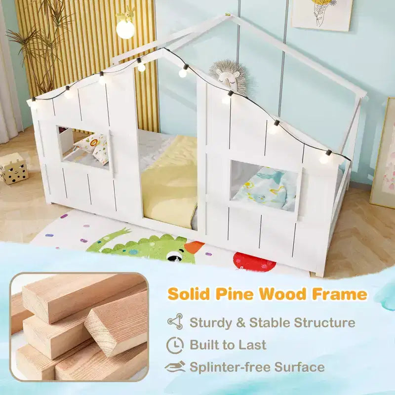 Lit de sol cabane Costway de taille double avec lumières LED Cadre de lit en bois massif sans lattes Gris/Naturel/Blanc