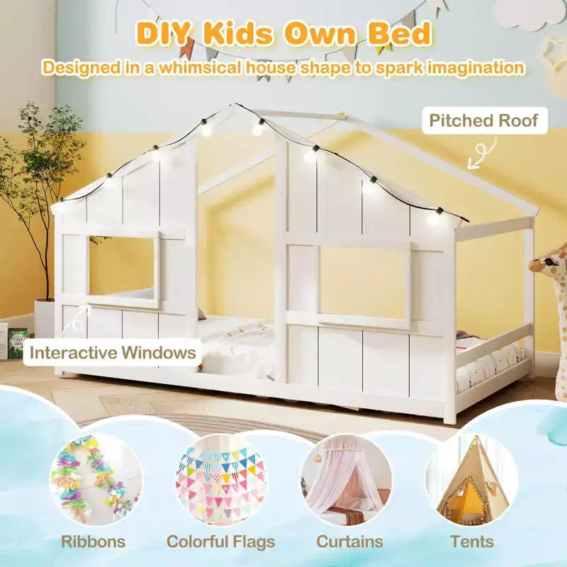 Lit de sol cabane Costway de taille double avec lumières LED Cadre de lit en bois massif sans lattes Gris/Naturel/Blanc