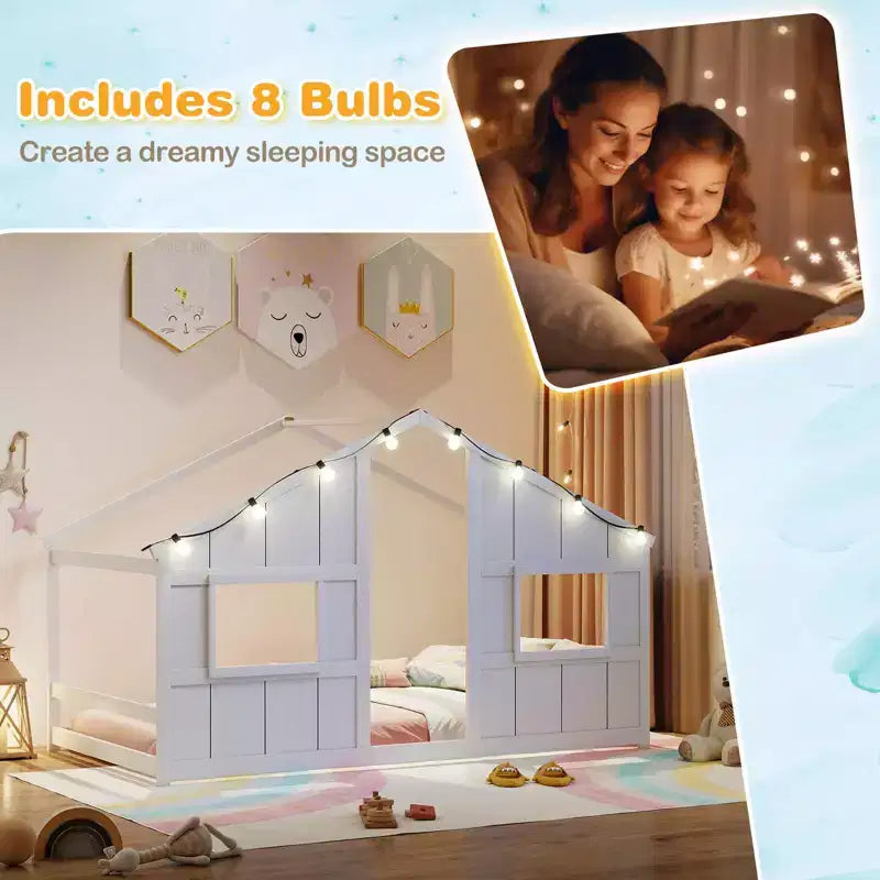 Lit de sol cabane Costway de taille double avec lumières LED Cadre de lit en bois massif sans lattes Gris/Naturel/Blanc