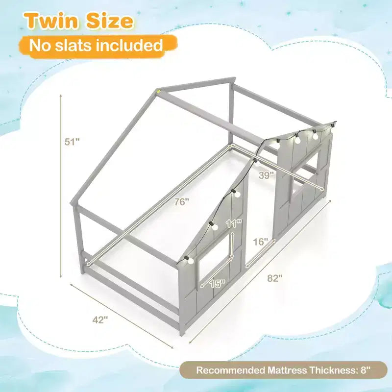 Lit de sol cabane Costway de taille double avec lumières LED Cadre de lit en bois massif sans lattes Gris/Naturel/Blanc