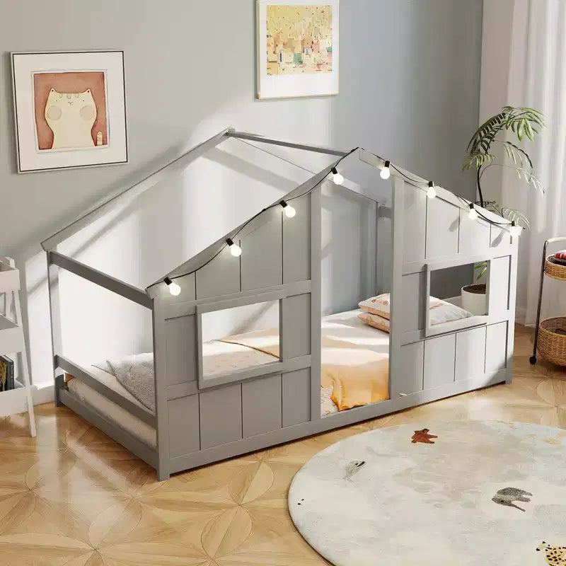 Lit de sol cabane Costway de taille double avec lumières LED Cadre de lit en bois massif sans lattes Gris/Naturel/Blanc