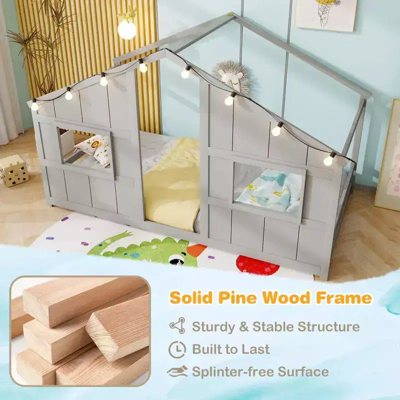 Lit de sol cabane Costway de taille double avec lumières LED Cadre de lit en bois massif sans lattes Gris/Naturel/Blanc