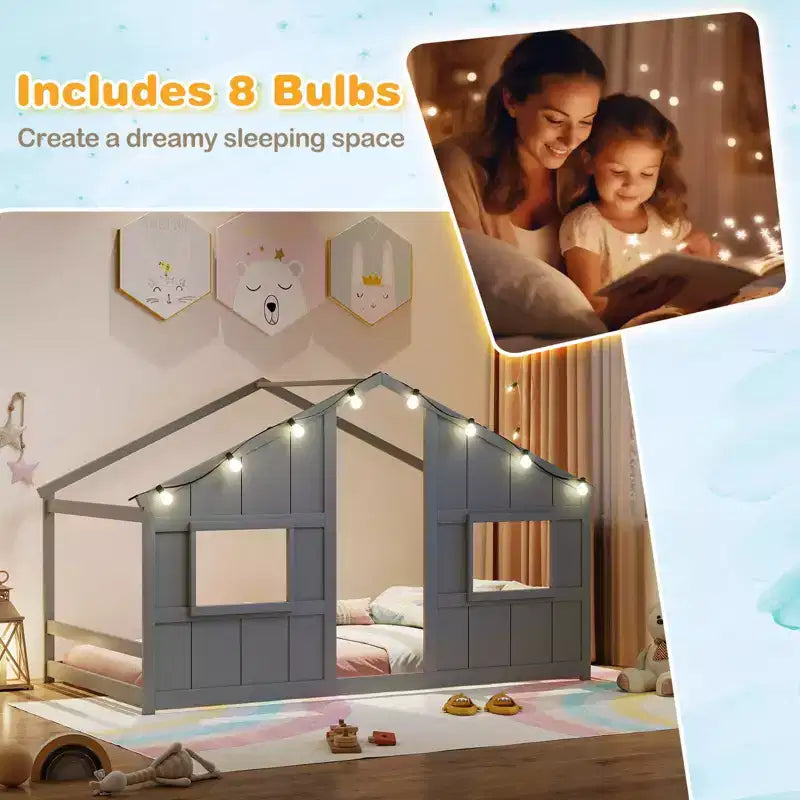 Lit de sol cabane Costway de taille double avec lumières LED Cadre de lit en bois massif sans lattes Gris/Naturel/Blanc