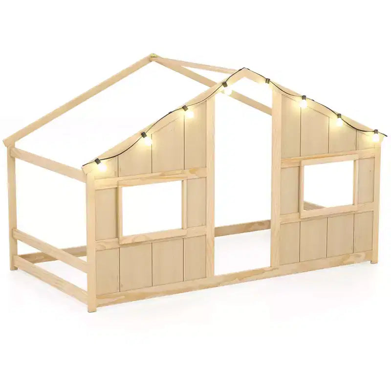 Lit de sol cabane Costway de taille double avec lumières LED Cadre de lit en bois massif sans lattes Gris/Naturel/Blanc