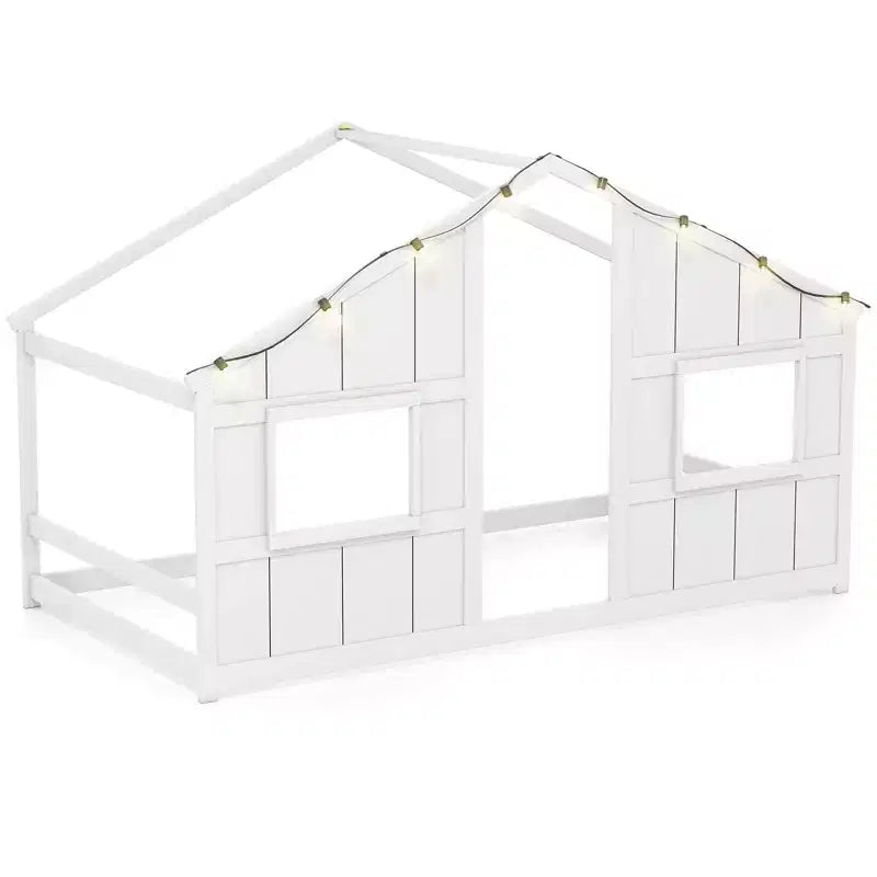 Lit de sol cabane Costway de taille double avec lumières LED Cadre de lit en bois massif sans lattes Gris/Naturel/Blanc