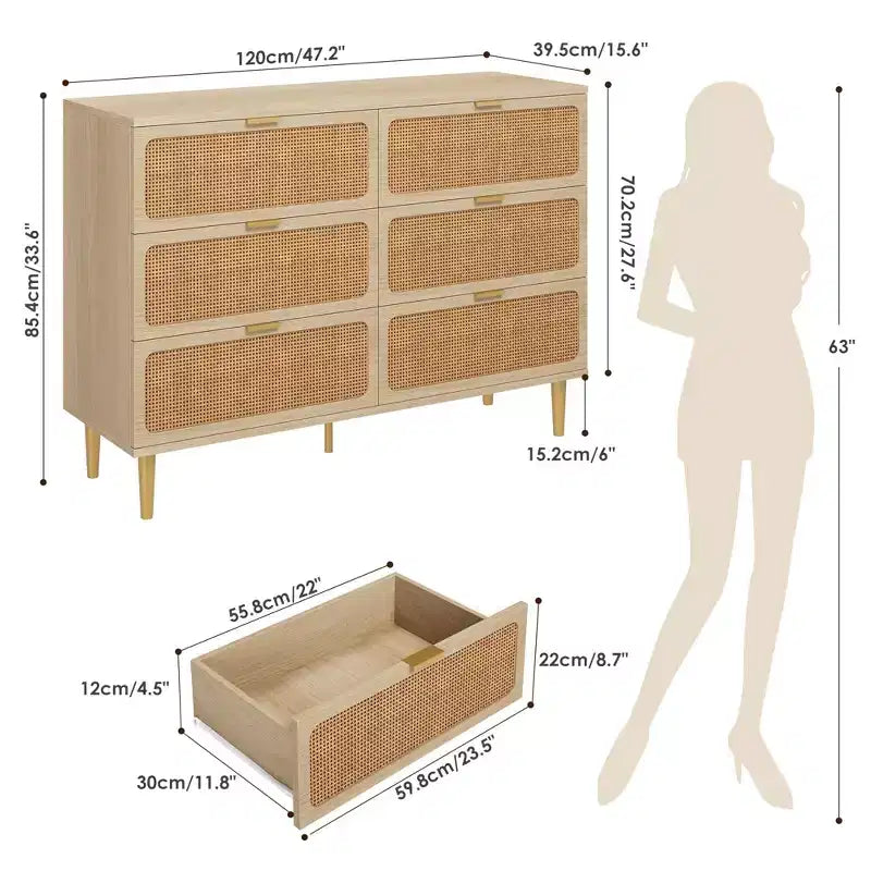 Commode de chambre à coucher avec 6 tiroirs, commode en bois pour placard, grande commode double avec tiroirs profonds, pour salon, couloir