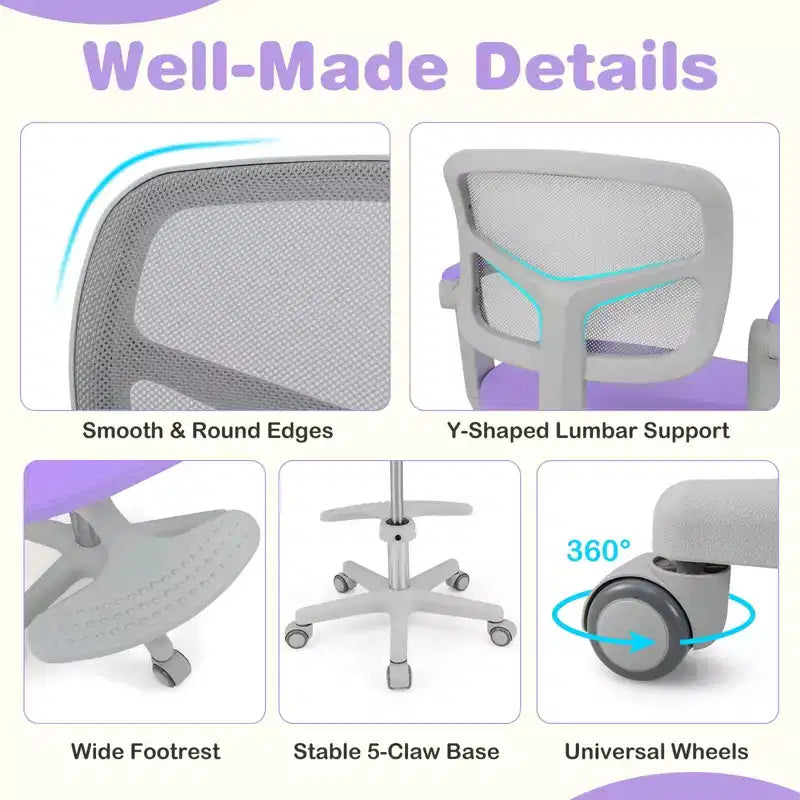 Chaise de bureau pour enfants Costway, chaise d'étude pour enfants avec hauteur réglable, accoudoir et repose-pieds Violet/Rose/Vert/Gris/Bleu
