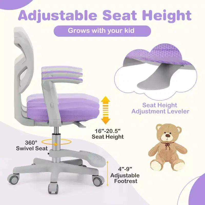 Chaise de bureau pour enfants Costway, chaise d'étude pour enfants avec hauteur réglable, accoudoir et repose-pieds Violet/Rose/Vert/Gris/Bleu