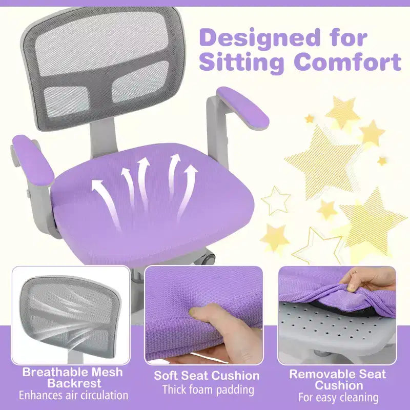 Chaise de bureau pour enfants Costway, chaise d'étude pour enfants avec hauteur réglable, accoudoir et repose-pieds Violet/Rose/Vert/Gris/Bleu