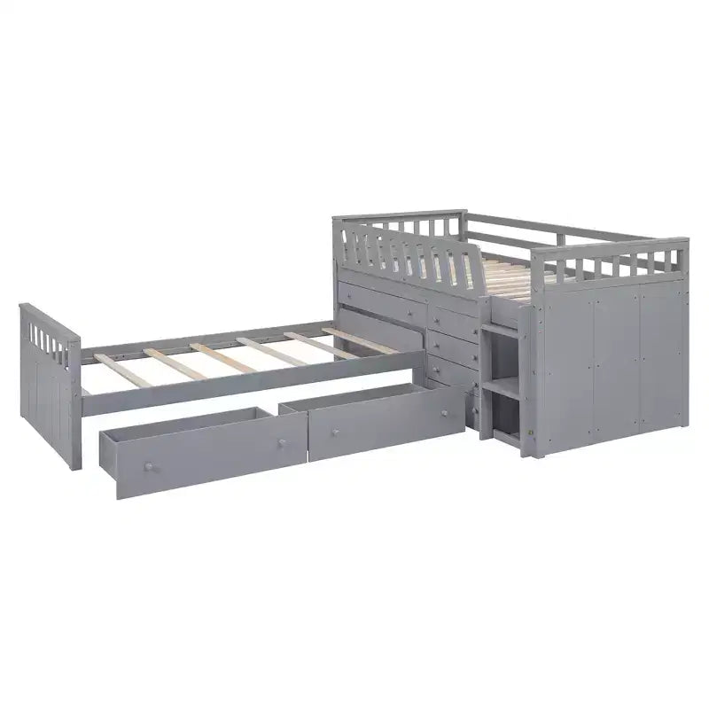 Lit mezzanine double bas avec 7 tiroirs et garde-corps complets, lit mezzanine double en L et lit plateforme double pour chambre d'enfants et d'adolescents
