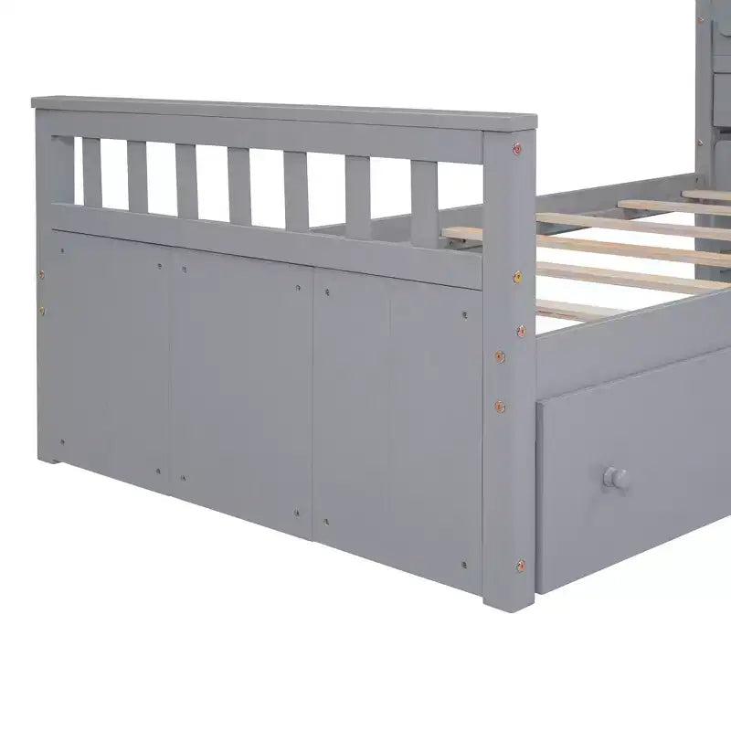 Lit mezzanine double bas avec 7 tiroirs et garde-corps complets, lit mezzanine double en L et lit plateforme double pour chambre d'enfants et d'adolescents