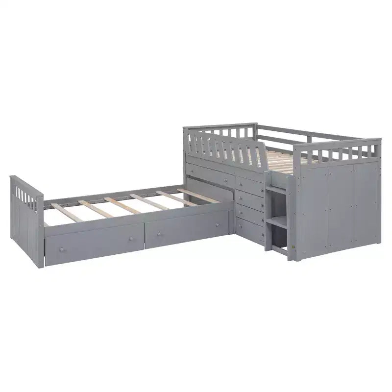 Lit mezzanine double bas avec 7 tiroirs et garde-corps complets, lit mezzanine double en L et lit plateforme double pour chambre d'enfants et d'adolescents