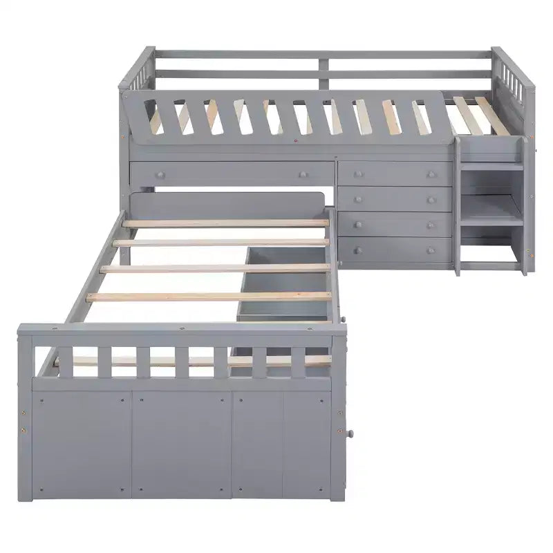 Lit mezzanine double bas avec 7 tiroirs et garde-corps complets, lit mezzanine double en L et lit plateforme double pour chambre d'enfants et d'adolescents